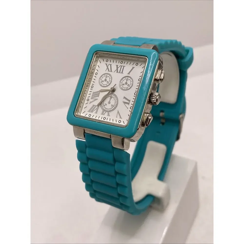 Womens Blue Turquoise Rubber Tank Watch Works New Battery
